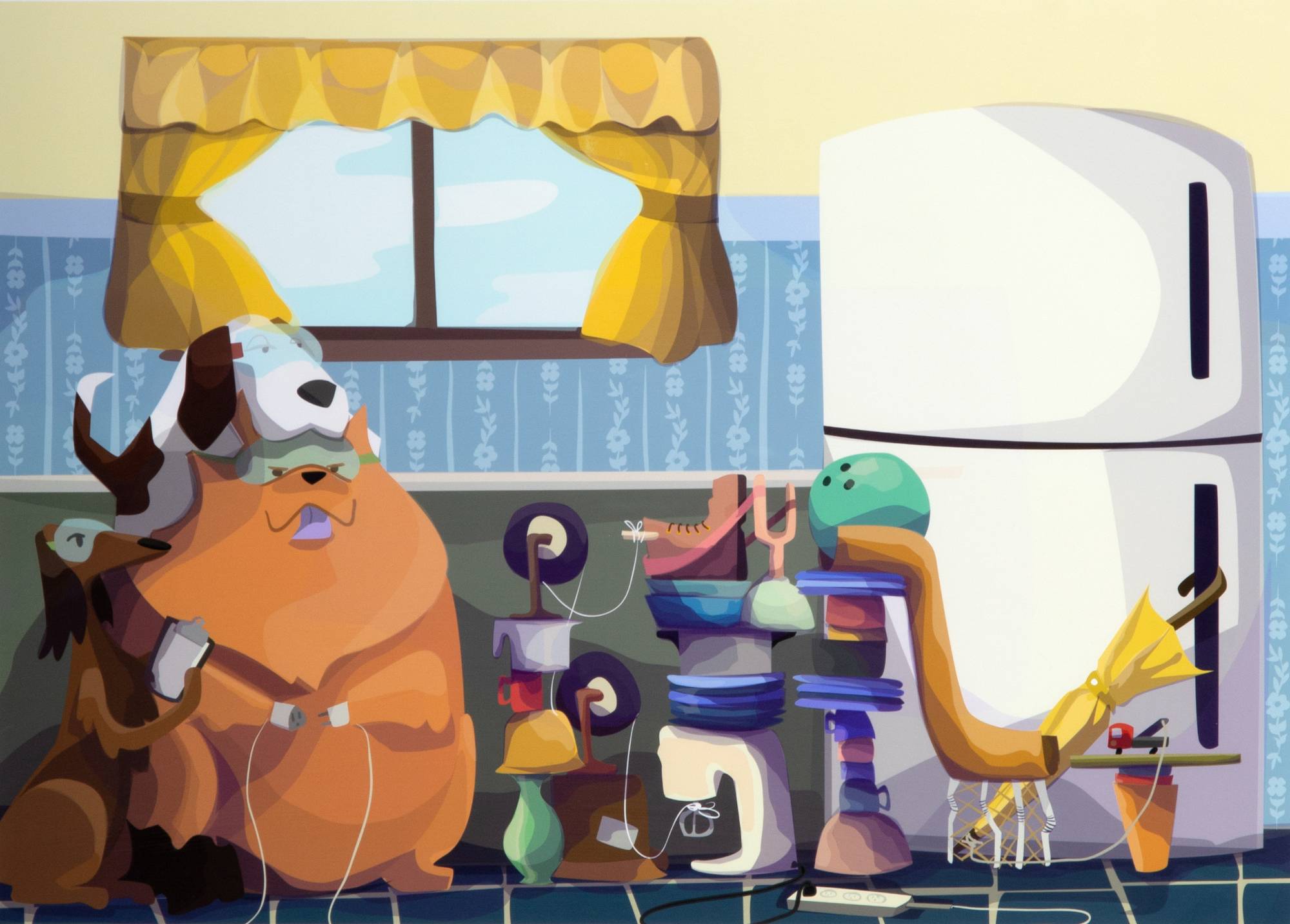 Colorful image of three dogs who have created a machine out of various kitchen appliances and gadgets in an attempt to open the refrigerator door.